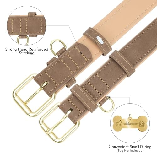 Jumpress Leather Dog Collar for Small Dogs, Soft Padded Dog Leather Collar with Heavy Duty Gold Buckle, Durable & Comfortable, Brown, S - Thumbnail 5