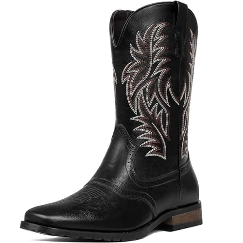 Tarkwa Cowboy Boots for Men, Western Men's Boots, Slip on Square Toe Boots, Slip Resistant Country Boots, Chunky Heel Ankle, Durable Short Boots for Spring Fall, Black Szie 9.5 - Image 1