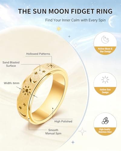Fidget Toys Adults Anxiety Ring-Fidget Ring Women Men Stress Relief Spinner Fidget Toys Stainless Steel Band with Hollowed Sun Moon Star Sandblasted Surface 6mm Width,18K Gold/Silver Size 6-11 Unisex - Thumbnail 5