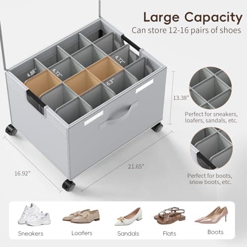 HOUSE AGAIN Shoe Organizer for Closet, Foldable Shoe Storage Organizer Box with Wheels and Adjustable Dividers, Sturdy Metal Frame Fits up to 16-32 Pairs, Large Shoes Storage with Clear Cover - Thumbnail 2