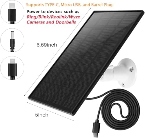 Solar Panel for Ring Camera - 5W Solar Charger with Power Pack Compatible with Most Blink Reolink Cameras Doorbell IP65 Waterproof, 10FT Cable with USB-C to Ring Barrel Plug Micro USB Adapter - Thumbnail 3