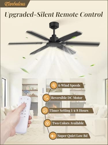 Fanbulous Ceiling Fan No Light, 48 Inch Indoor/Outdoor 6 Blades Ceiling Fan with Remote, 6-Speeds, Quiet Reversible DC Motor, Fans Without Light for Tilted Ceiling/Bedroom/Living Room/Patios - Thumbnail 2