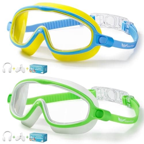 AzureWings 2 Pack Swim Goggles for Kids, No Leak Anti-Fog Anti-UV Swimming Goggles for Boys Girls Children 4-14 (Blue Yellow & Green White) - Image 1