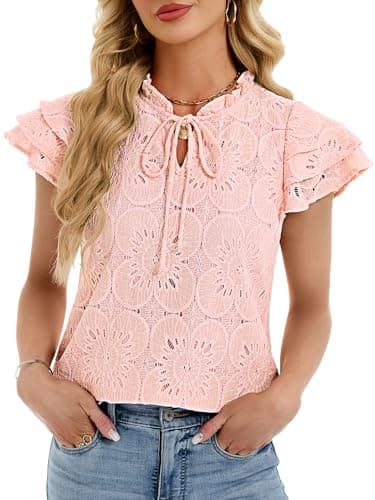 Funlingo Womens Summer Eyelet Tops Dressy Casual Ruffle Cap Sleeve Blouses Hollow Out Crochet Lace Embroidered Shirts Vacation Outfits Pink 2XL - Image 1