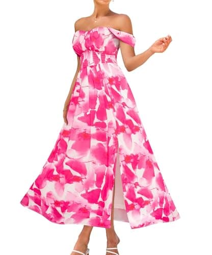 GRACE KARIN Summer Floral Dress for Women 2026,Off the Shoulder Smocked Bridesmaid Dresses,Formal Baby Shower Maxi Dresses Pink Watercolour M - Image 1