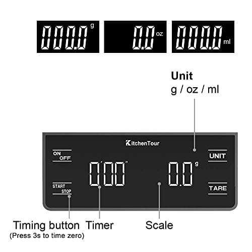 KitchenTour Coffee Scale with Timer 3kg/0.1g High Precision Pour Over Drip Espresso Scale with Back-Lit LCD Display (Batteries Included) - Thumbnail 3