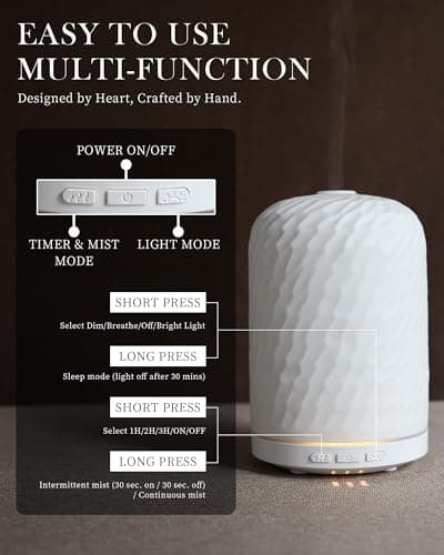 Onaboviva Essential Oil Diffuser - 2.4MHz Ultrasonic Ceramic Diffuser for Home, 120ml, Pulse&Continuous Mist, Bright/Dim/Breathing Lighting, Waterless Auto-Off, Aromatherapy Diffuser with USB Cable - Thumbnail 3