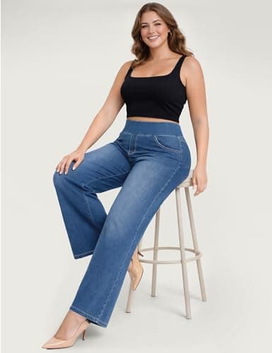 AVAMO Plus Size Jeans for Women Stretchy Wide Leg Pull On Sweatpant Jeans for Curvy Women High Waisted Baggy Denim Pants - Thumbnail 5