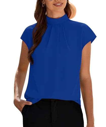 Funlingo Tops for Women Trendy Blouses Dressy Casual Short Sleeve Shirts Business Tunic Top Loose Fit Summer Front Pleating Work Shirt Royal Blue Petite S - Image 1