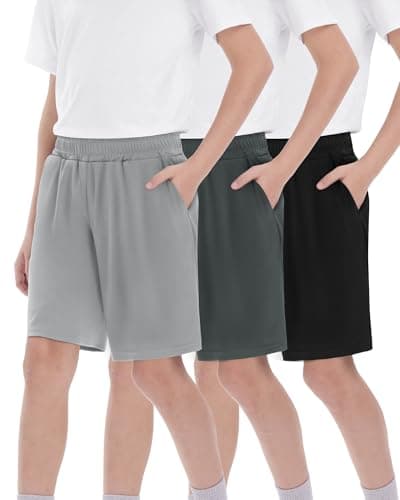 BOOJO 3 Pack Athletic Basketball Boys Shorts - Teen Black Soccer Running Baseball Quick Dry Shorts with Pockets for Youth