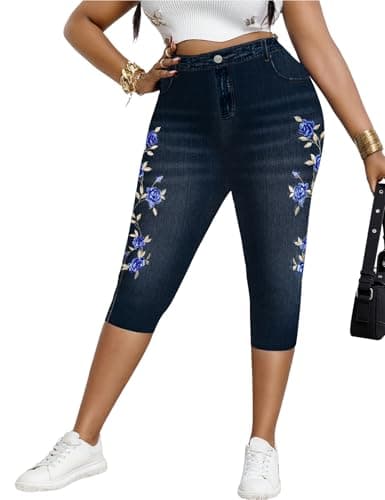 Ctsazhy Women's Capri Pants Casual High Waisted, Lounge Trendy Skinny Pull On Elastic Waist Summer Stretch Denim-Print Trousers,Blue,5XL - Image 1
