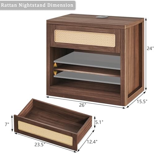 HUAHUU Wide Nightstand Set of 2, 26" Mid Century Modern Wooden Night Stand, Rustic Bedside Table with Rattan Drawer, Large Side End Table with Wireless Charging, Vintage Storage, Walnut - Thumbnail 2