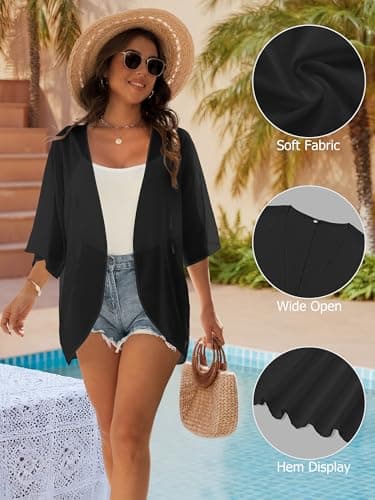 GKBK Women's Floral Print Puff Sleeve Kimono Cardigan Loose Cover Up Casual Sheer Blouse Beach Wear Oversized Tropical Cruise Business Attire Tops Trendy Outfits Fashion Clothing Black L - Thumbnail 4