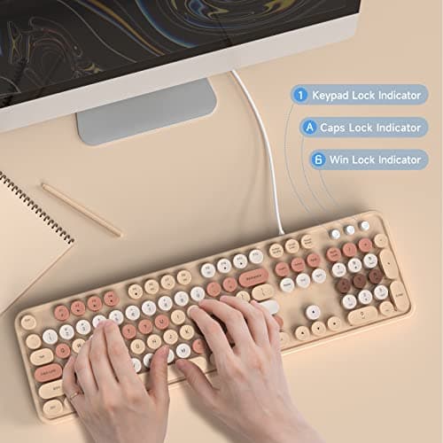 Atelus Computer Wired Keyboard, Plug Play USB Full-Size Keyboard with Large Number Pad, Caps Indicators, Foldable Stands, for Windows 7/8/10 PC Laptop (Milk Tea Colorful) - Thumbnail 3