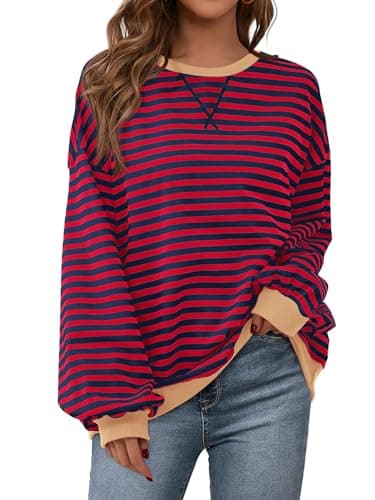 PRETTYGARDEN Womens Oversized Sweatshirt Casual Striped Color Block Long Sleeve Crewneck Pullover Tops Spring Y2k Clothes (Red Navy, Medium) - Image 1