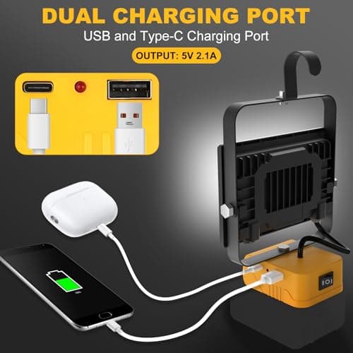 T-SUN 60W 2Pack Work Light, Cordless LED Flash Light Compatible with Dewalt 18V/20V Battery, with USB & Type C Charging Port, Work Light for Garage, Car Repair, Emergency and Job Site - Thumbnail 4