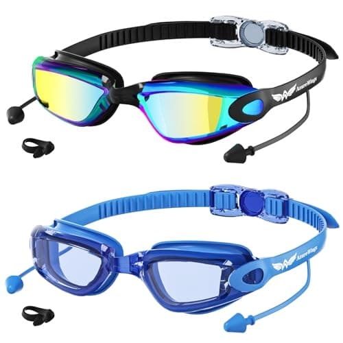 AzureWings Swim Goggles - 2 Pack Swimming Goggles for Adult Men Women No Leak Anti-Fog & UV, Wide Visio HD Mirror PC Lens (Deep Blue-Gold)