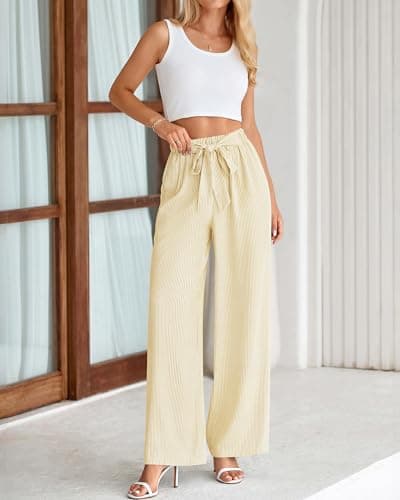 BTFBM Pants for Women 2026 Spring Clothes Striped High Waist Tie Knot Dressy Casual Wide Leg Palazzo Work Trousers Pants(Apricot, Small) - Thumbnail 5
