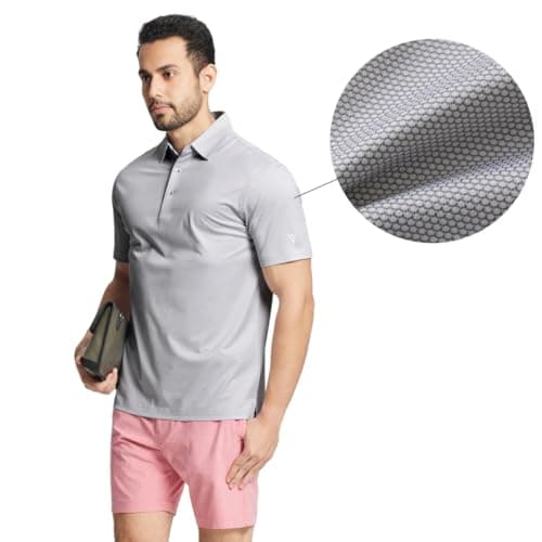 M MAELREG Mens Polo Shirts Short Sleeve Dry Fit Moisture Wicking Jacquard Performance Sport Golf Shirts for Men Grey White - Thumbnail 3