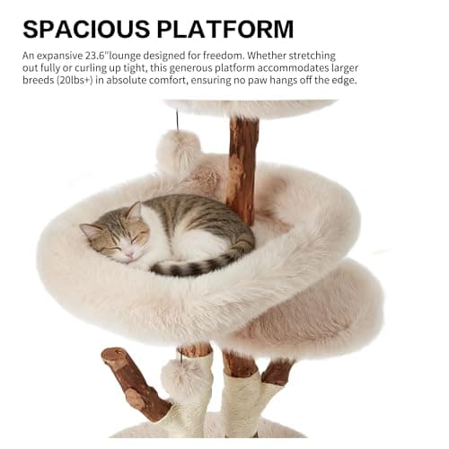 Erinnyees 44" Real Wood Cat Tree for Large Cats, 45LBS Heavy Duty Stable Cat Tower with Natural Branches, Modern Rustic Cat Furniture with 3-Tier Cloud-Soft Plush Platforms & Sisal Scratching Posts - Thumbnail 5