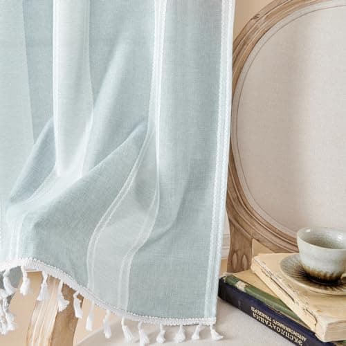 Home Queen Farmhouse Kitchen Curtains 45 Inch Length for Small Bedroom Light Filtering Tassel Linen Cafe Tiers Boho Casual Semi Sheer Short Half Window Drapes for Bathroom 26W x 45L, Blue Gray - Thumbnail 5