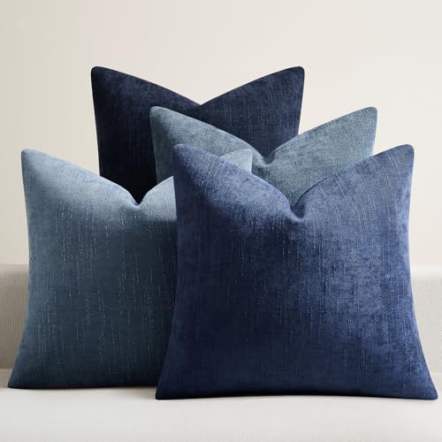 GriNeed Pack of 4 Throw Pillow Covers 22x22 Inch Chenille Textured Neutral Blue Soft Pillow Covers Solid Decorative Farmhouse Cushion Covers Home Boho Decor for Couch Sofa Bed Living Room - Image 1