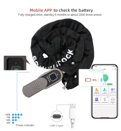 Chain Lock with Key eLinkSmart Waterproof Bicycle 100CM Chain Lock for Bike Scooter Motorcycle Door Fence Gate Fingerprint Bluetooth App Heavy Duty Outdoor Security - Thumbnail 4