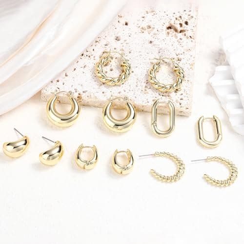 6 Pairs 14K Gold Plated Hoop Earrings for Women Lightweight Chunky Hoop Earrings Multipack Hypoallergenic, Thick Open Twisted Huggie Hoops Earring Set Jewelry for Gifts. (Gold) - Thumbnail 4
