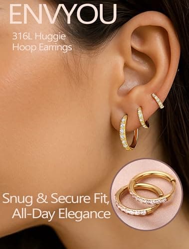 ENVYOU 316L Surgical Steel Huggie Hoop Earrings,Dainty Pave Cubic Zirconia Cartilage Tiny Earring for Sensitive Ears Hypoallergenic Lightweight (Gold,18G 8/10/12mm) - Thumbnail 2