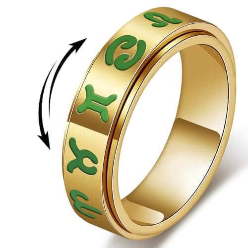 Glow in the Dark Fidget Ring - 12 Zodiac Spinning Anxiety Relief Jewelry for Adults, 18K Gold Stainless Steel Constellation Gift (Christmas Birthday Raves) (12 Zodiac Spinner Ring_Gold, size 6)