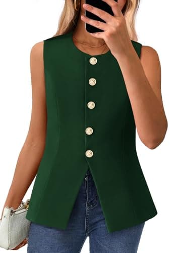 BTFBM Summer Sleeveless Blazer Vest For Women Dressy Button Down Round Neck Business Casual Outfits Work Suit Vests Tops(Dark Green, Large)