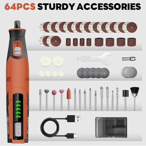 PHALANX Cordless Rotary Tool Kit with 64 pcs Accessories, 2500mAh 4V Li-ion Battery, Type-C Fast Charging, 5 Speed 25000RPM Electric Grinder for Polishing, Engraving, Sanding, DIY Crafts (R4-Basic) - Thumbnail 5