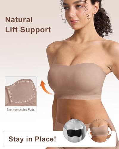 OceanDeer Bandeau Bra Strapless Bras for Women Non-Slip Wireless Tube Top Full Coverage Comfortable Padded Bralette with Clear Straps, Neutral, L - Thumbnail 3