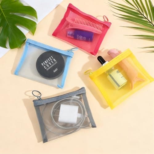 AOzT 4pcs Mini Mesh Makeup Bags - Small Zipper Mesh Makeup Bags Portable Cosmetic Pouch for Woman Purse Lipstick Keys Essentials Items Earphone Bank Cards Gray Pink Blue Yellow - Thumbnail 4