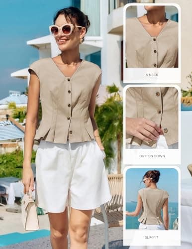 Kate Kasin Womens Button Down Crop Tops, Cap Sleeve Work Shirt, Slim Fit Cute Vest Trendy Khaki - Thumbnail 5