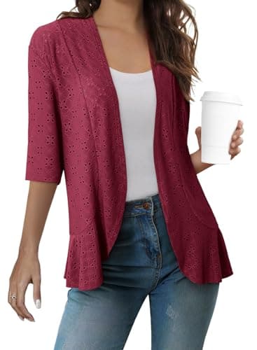 Sidefeel Women's Summer Lightweight Open Front Cardigans Spring Fashion Knit Ruffle Half Sleeve Kimono Cardigans Sweaters Burgundy Medium - Image 1
