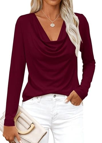 PRETTYGARDEN Womens Spring Tops 2026 Dressy Cowl Neck Long Sleeve Shirts Loose Business Casual Blouses Teacher Tunic Top(Burgundy,Small) - Image 1