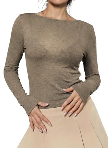 EVALESS Womens Long Sleeve Sheer Tops Wool Blend Shirts 2026 Casual Fitted Basic Tees Boat Neck See Through Tops Lightweight T Shirts Brown Small - Image 1