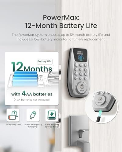 DESLOC C110 Keyless Entry Door Lock with Handle Set&Display (Smart Screen), Fingerprint Door Locks, Keypad Deadbolt, Auto-Lock, Backlit Keys, Passage Mode, IP54 Waterproof - Thumbnail 6