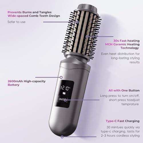 Cordless Hair Straightener Brush, Mini Hair Curling Iron Brush with 3 Temprature Controls, Anti-Scald Rechargeable Hair Curler with LCD Display, Anti-Frizz, Fast Heating for Styling & Travel - Thumbnail 2