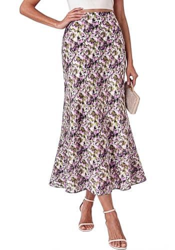 BTFBM Midi Skirts for Women 2026 Summer Spring Lightweight A Line High Waisted Wedding Guest Party Silk Long Skirt(Pink Green Camo, X-Large) - Image 1