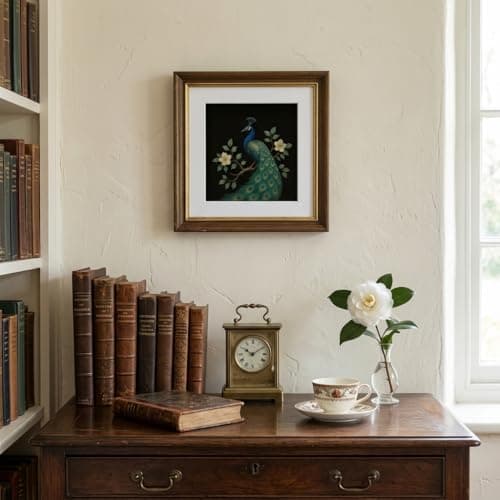 Peacock Wall Art, Botanical Bird Art Print, Dark Decor, 12x12in (30x30cm) - Thumbnail 3
