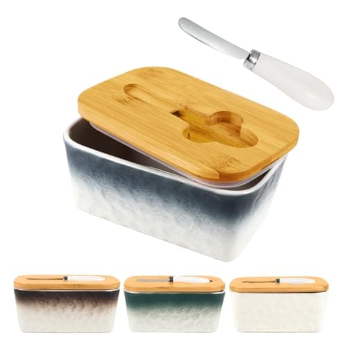 GLAVIONIX Butter Dish with Lid, 6.5" Large Butter Container for Countertop, Ceramic Blue Butter Keeper Container with Knife, Bamboo Cover and High-Quality Silicone Sealing for Home Decor Kitchen