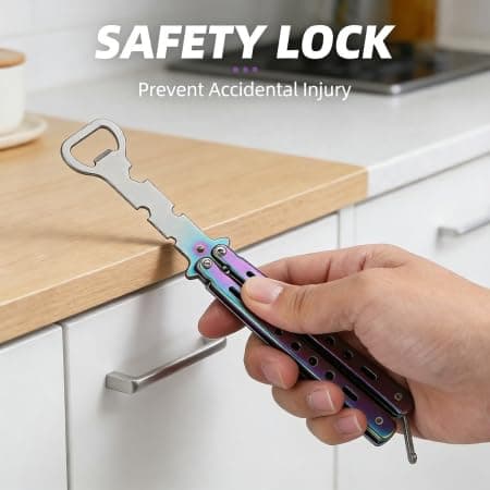 Butterfly Trainer for Beginners, Blunt Unsharpened Design, 3Cr13 Stainless Steel Balisong Trainer with Bottle Opener & Hex Screwdriver, Safe Latch, Portable Size for EDC & Skill Practice - Thumbnail 6