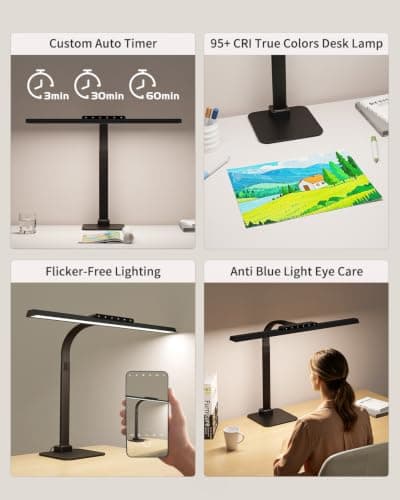 24W LED Desk Lamp, 112 High-Bright Eye-Caring Architect Light, 3000K-6000K Stepless Dimmable Touch Control, Weighted Metal Base, Auto-Dimming & Memory Function for Home Office, Reading, Gaming, Black - Thumbnail 3