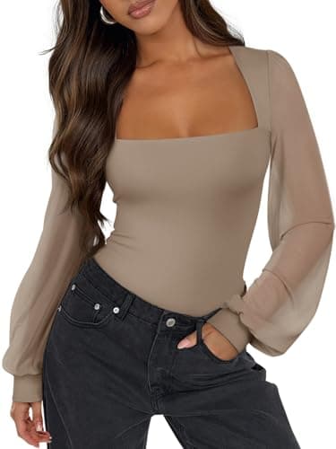 PINKMSTYLE Women's Square Neck Double Lined Mesh Long Sleeve Bodysuits Slim fit Trendy Going Out Tops Shirts Khaki Large - Image 1