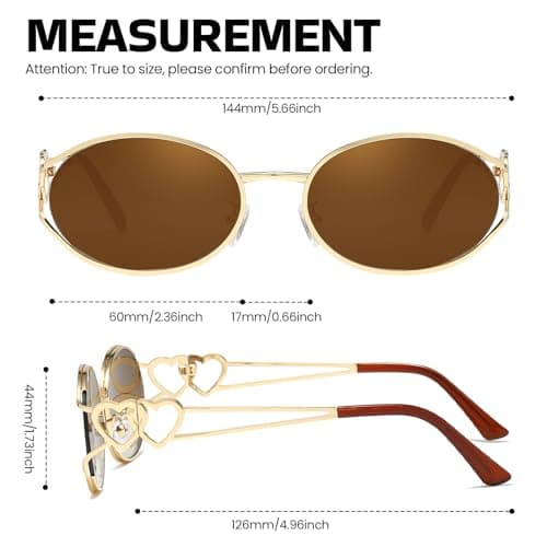 SODQW Retro Oval Sunglasses for Women Trendy Metal Frame Round Designer Sun Glasses with Heart Accents UV Protection - Thumbnail 4
