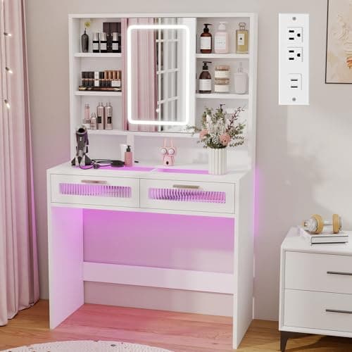 Hadulcet White Vanity Desk with Mirror and Lights, 35.5" Small LED Makeup Vanity Desk with 2 Acrylic Drawers, 6 Storage Shelves and Power Outlets for Girls Women Bedroom Dressing Room - Image 1