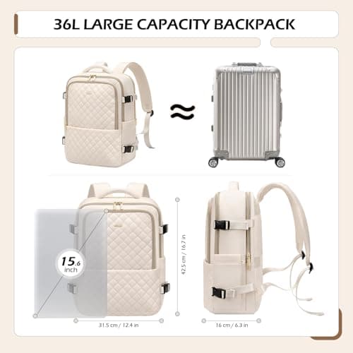 MDODO Travel Backpack for Women Men - Large Carry on Backpack fits 15.6" Laptop Lightweight Travel Bag Daypack Waterproof Causal Bookbag Backpack for College,Work,36L, Beige - Thumbnail 2