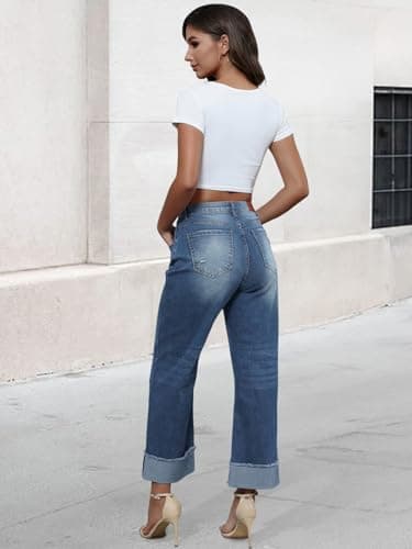 Genleck Wide Leg Cropped Jeans for Women Trendy High Waisted Crossover Boyfriend Jeans Mom Baggy Stretchy Denim (Blue, L) - Thumbnail 4